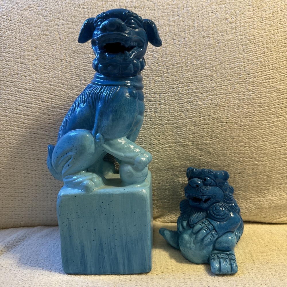 Pier 1 Blue Foo Dog Guardian Lion Figurines Set of 2 Large 12" & Small